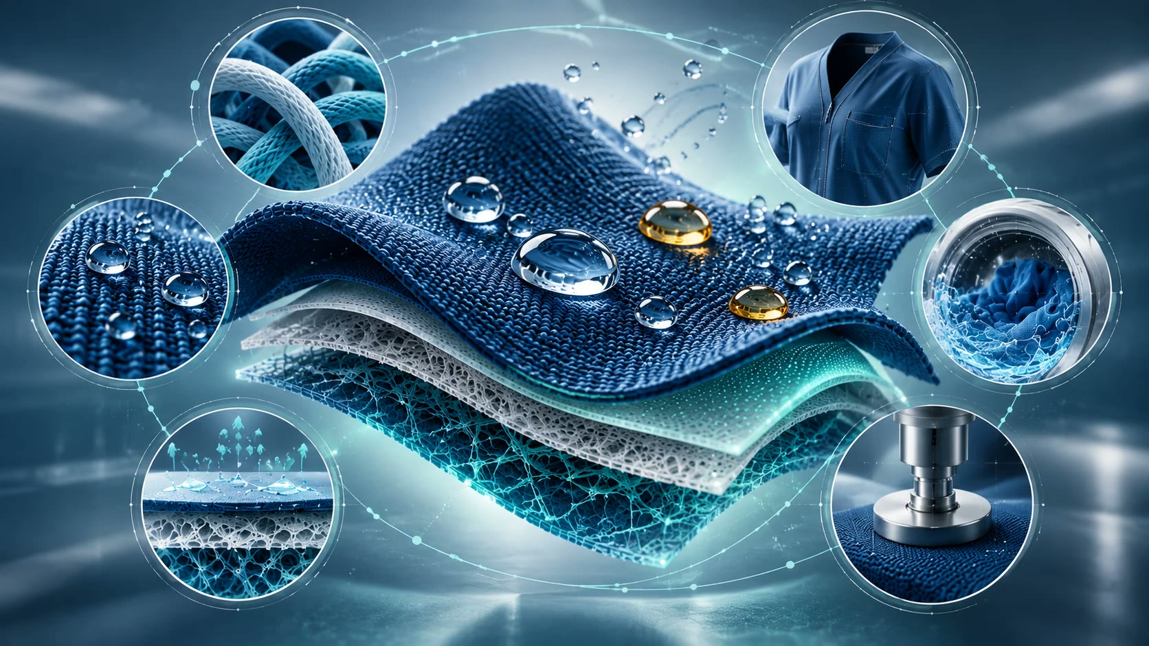 Evaluating a functional textile as a complete material system: layers, droplets, garment, laundering and abrasion testing